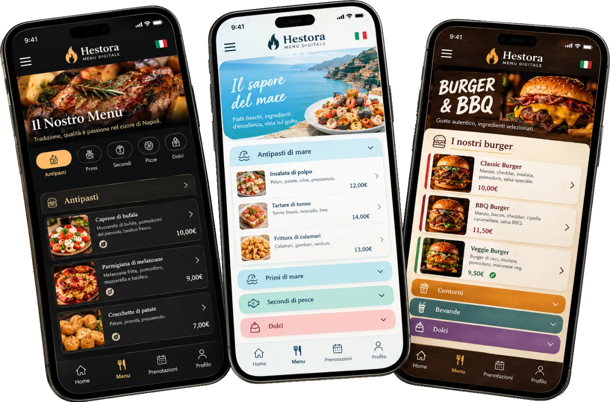 Three Hestora menus on phones, each with a completely different design.